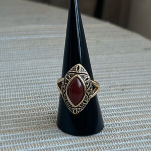 Gold Tone Marcasite Ring with Red Agate Center- size 8